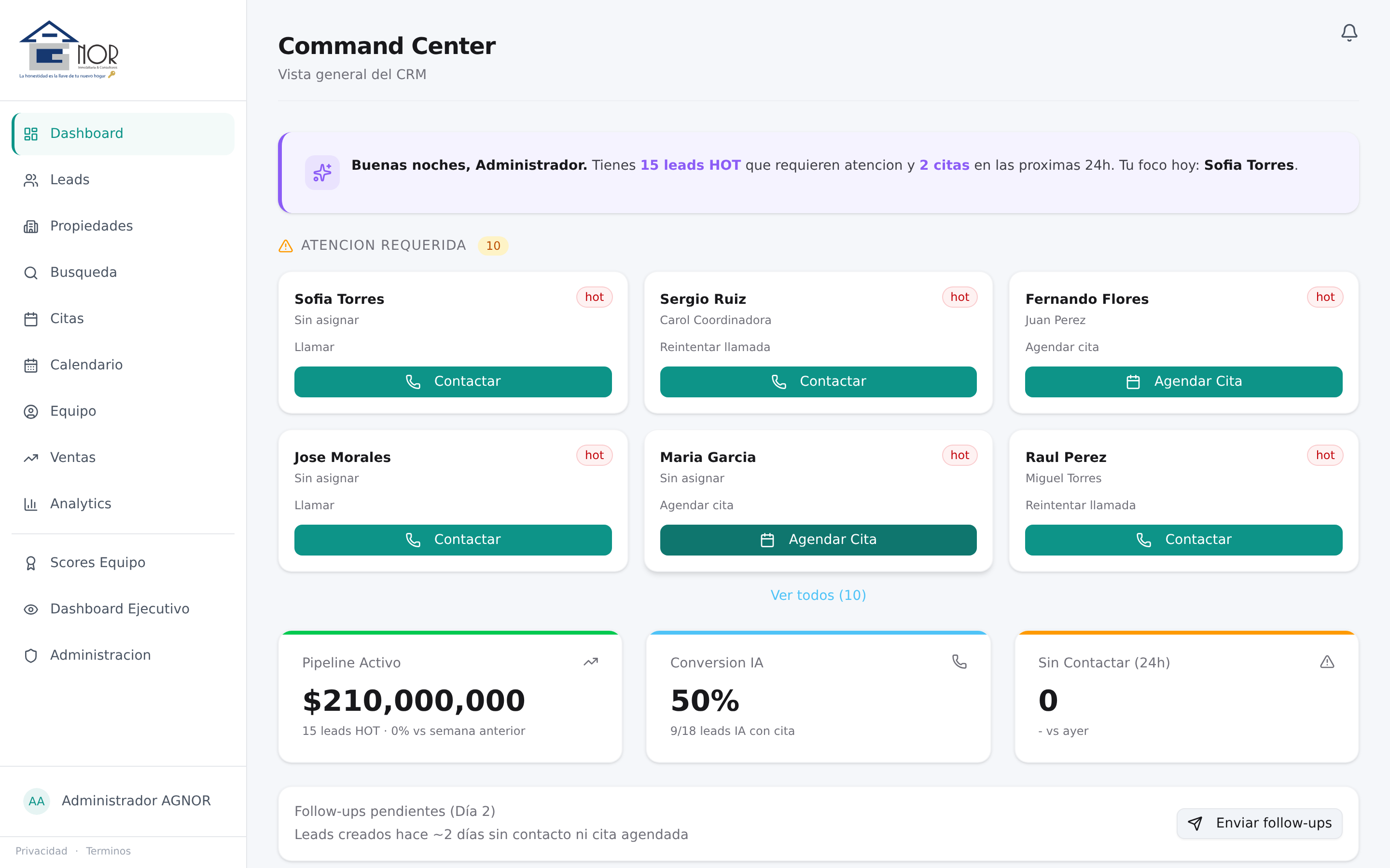 Command Center del CRM con KPIs en vivo: pipeline value en pesos, conversion rate, leads HOT del día y forecast del mes