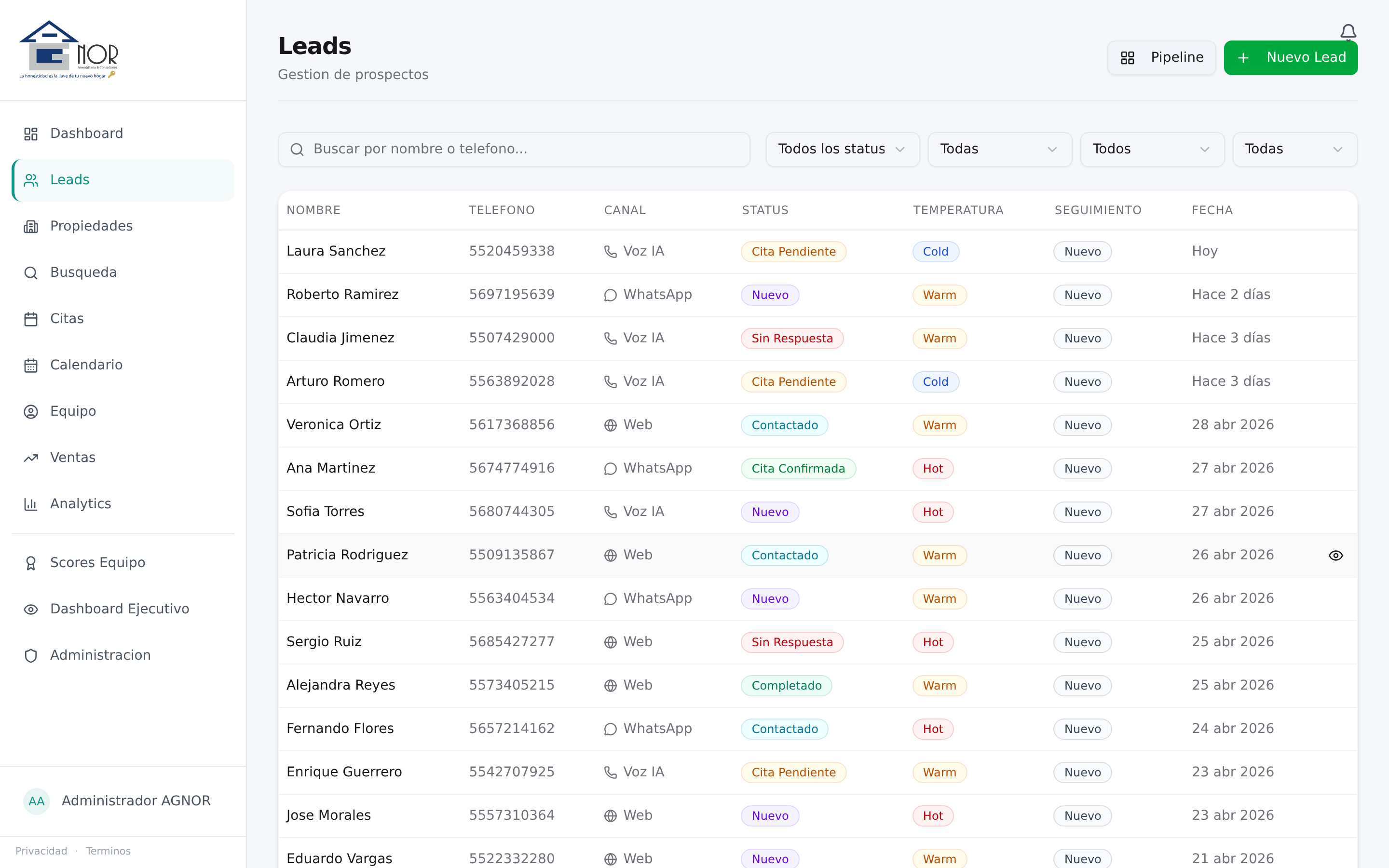 Tabla de leads con filtros guardados, búsqueda fuzzy, status badges por etapa y SLA tracker para detectar leads que se vencen