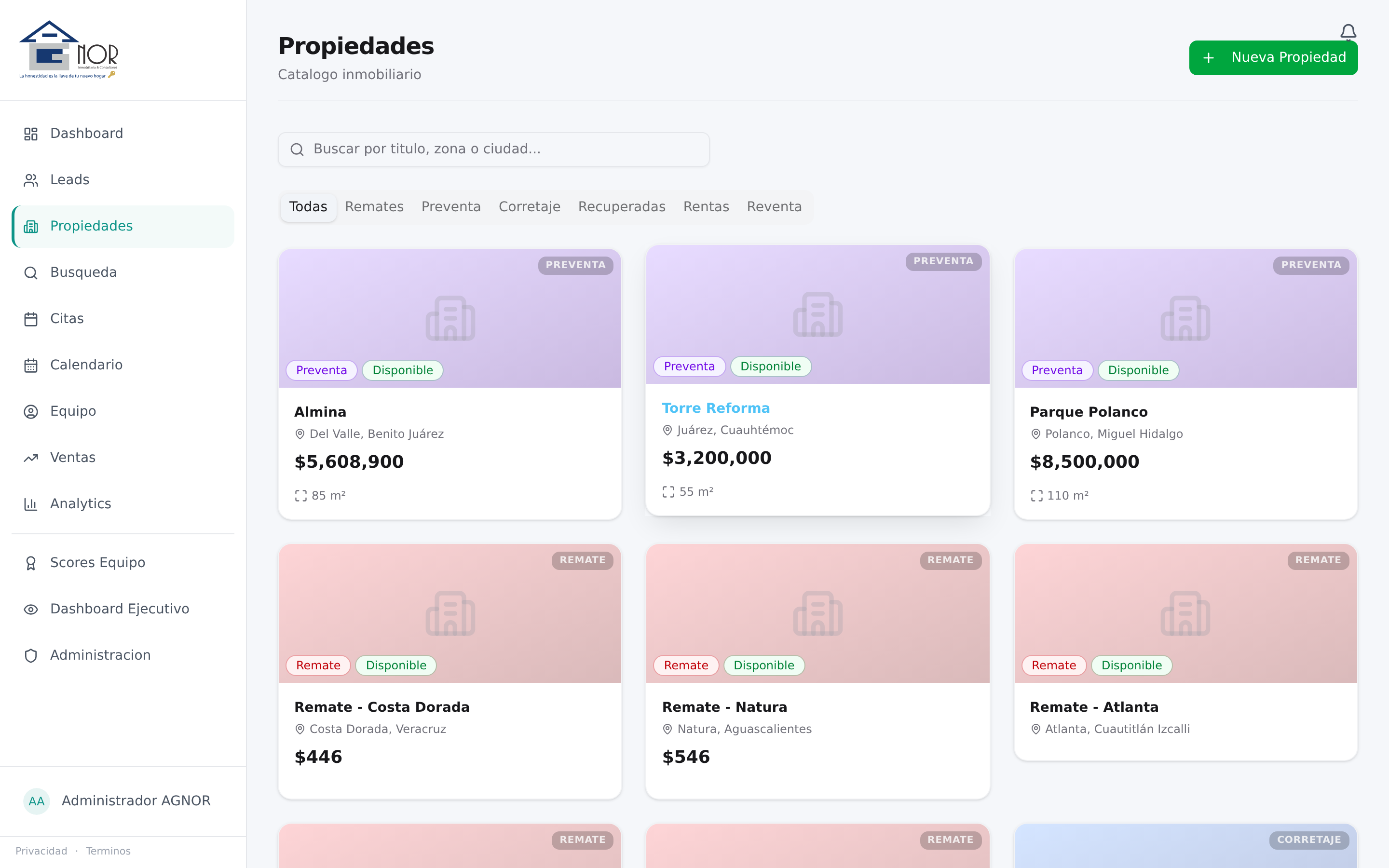 Catálogo de propiedades con vista por vertical (remates, preventa, corretaje, recuperadas, reventa, rentas), galería con drag-and-drop y comisión auto-calculada