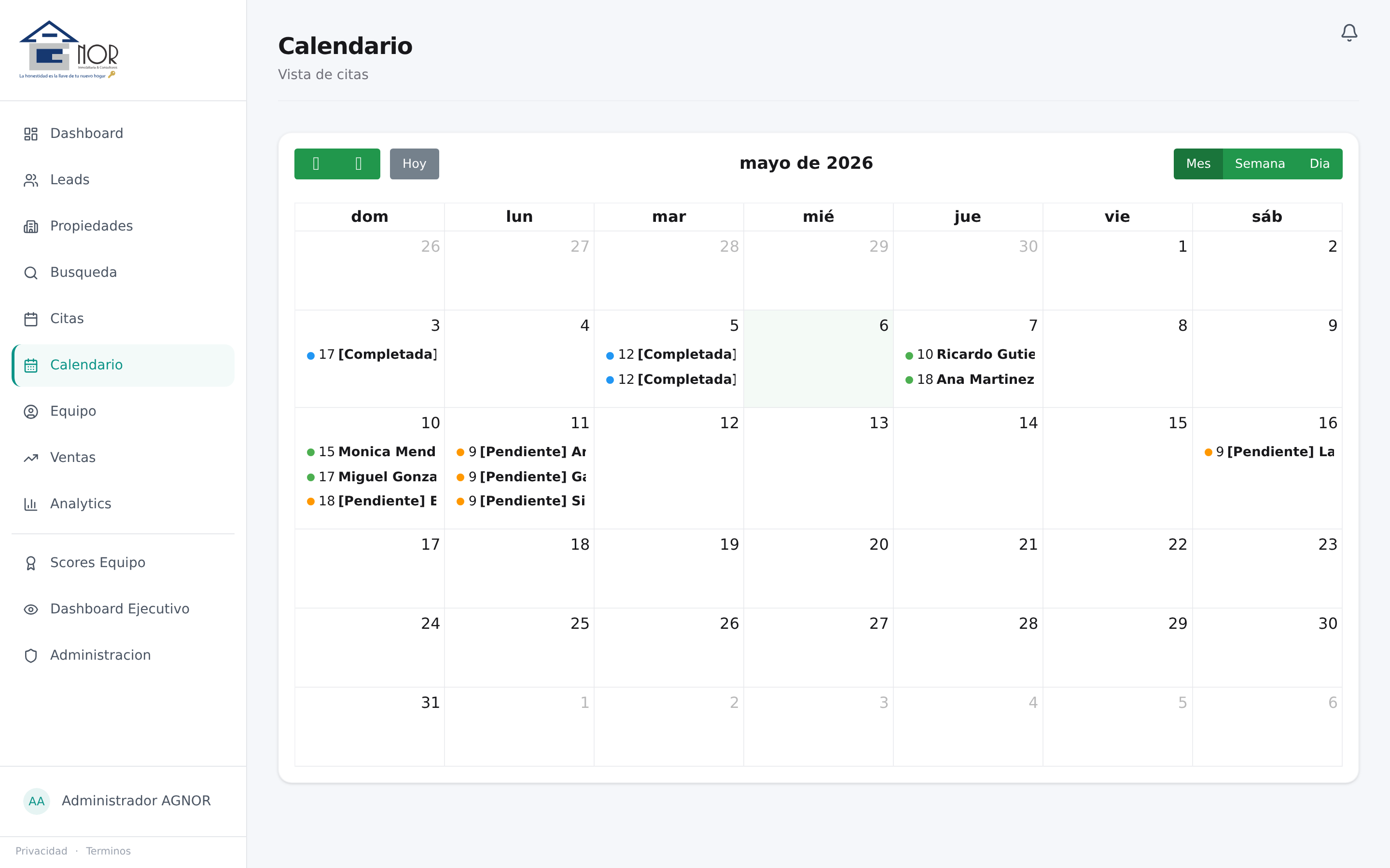 Calendario mensual de citas con sync bidireccional a Google Calendar, detección de conflictos automática y recordatorios WhatsApp 1 hora antes