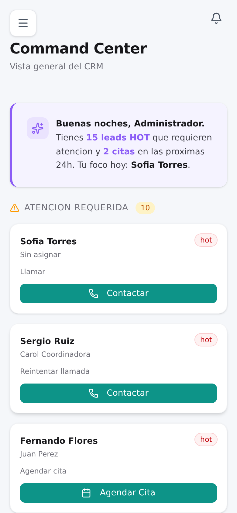Vista mobile del Command Center, optimizada para 390px de ancho, con todas las funciones del CRM accesibles desde el celular del asesor en campo