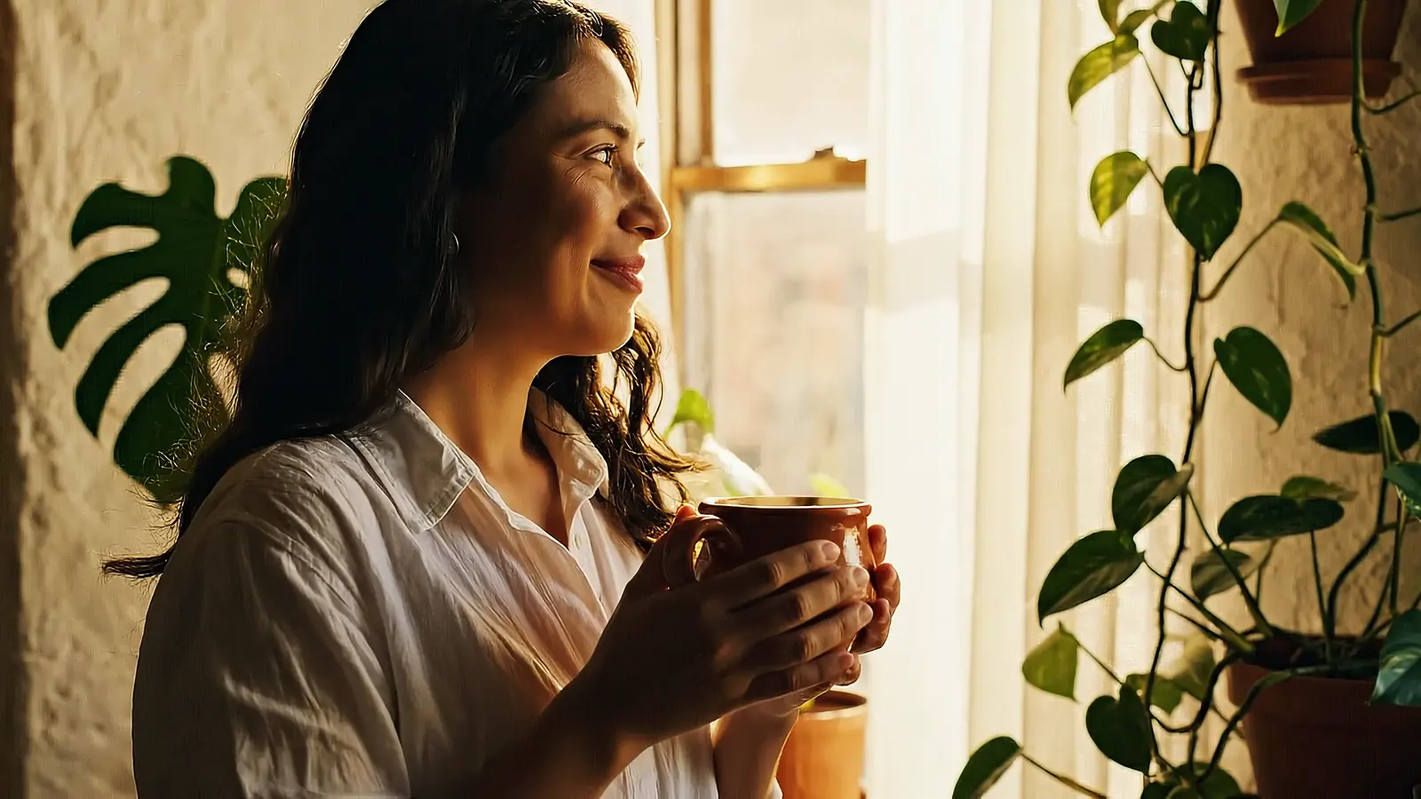 Ilustración generada con IA: por la mañana, la misma mujer sostiene una taza de barro con vapor y mira por la ventana, entre plantas verdes.