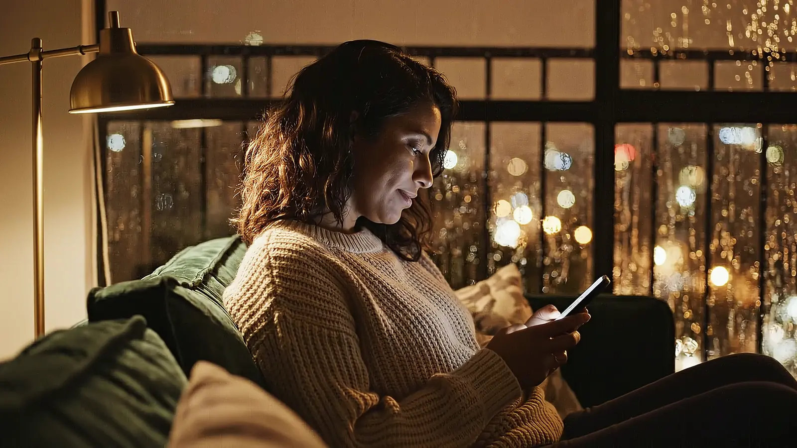 Ilustración generada con IA: una mujer en su sala, de noche y con lluvia, lee en su teléfono sentada en un sofá verde.
